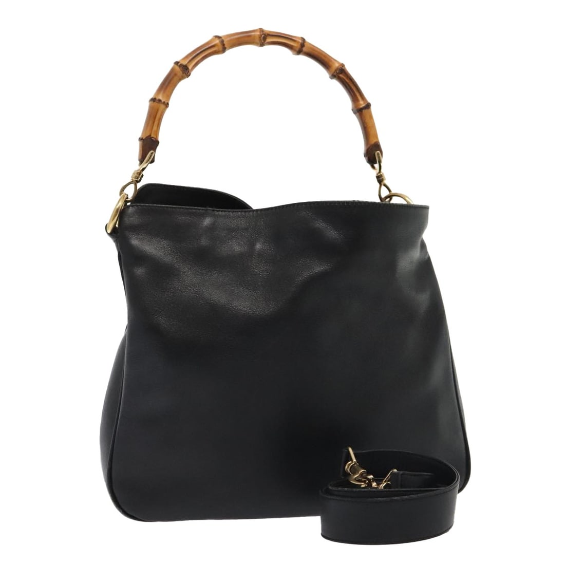 GUCCI Bamboo Shoulder Bag Leather Black Gold 001 1705 1638 Authentic: GUCCI Bamboo Shoulder Bag Leather Black Gold 001 1705 1638 Authentic This authentic GUCCI Bamboo Shoulder Bag is a stylish accessory crafted from high-quality leather, featuring a chic black and gold