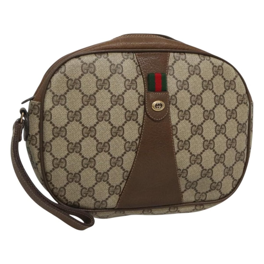 GUCCI GG Supreme Web Sherry Line Clutch Bag Beige Gold PVC 89 01 034 Auth: GUCCI GG Supreme Web Sherry Line Clutch Bag Beige Gold PVC 89 01 034 Auth This authentic GUCCI GG Supreme Web Sherry Line Clutch Bag combines elegance and style, crafted in Italy from durable PVC leat
