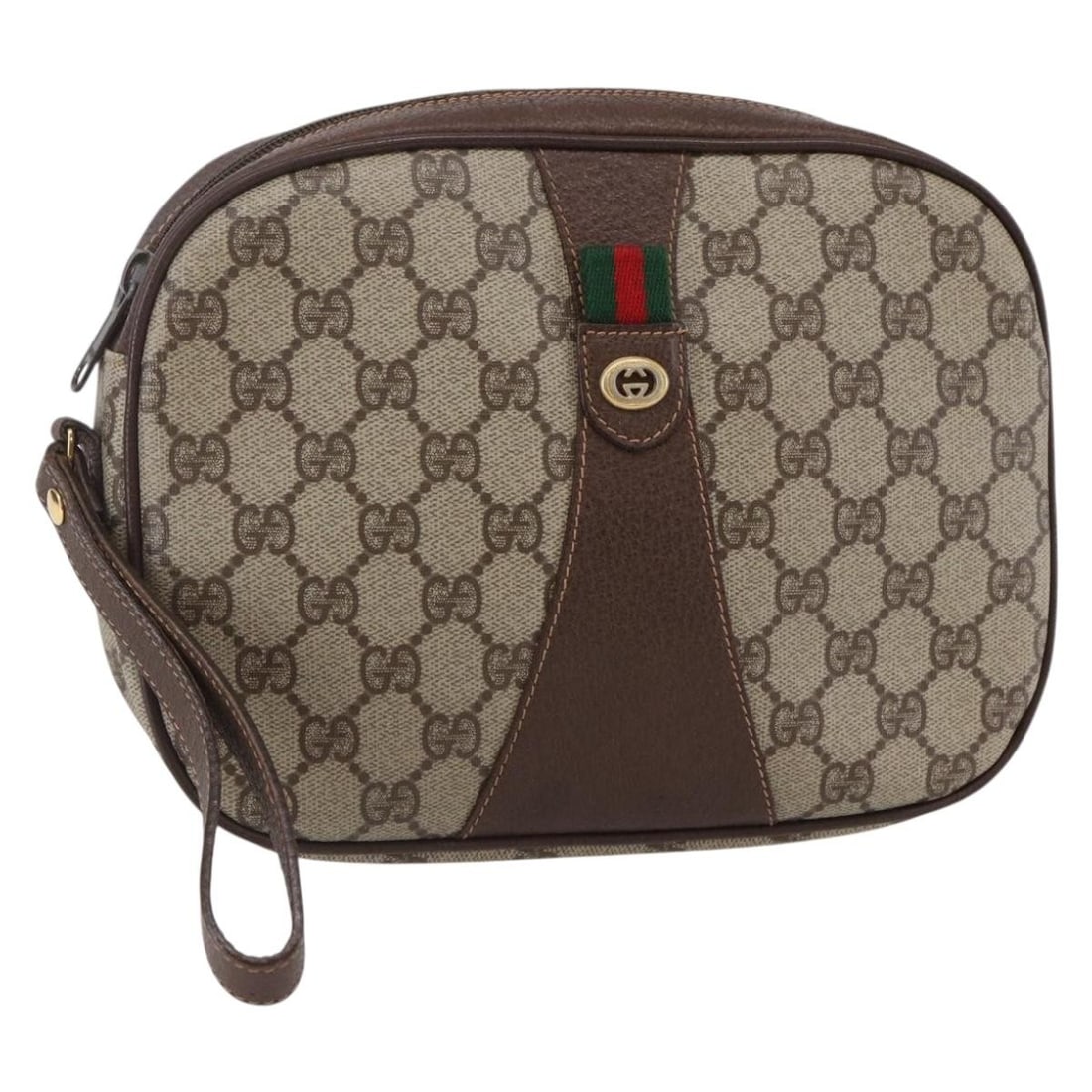 GUCCI GG Supreme Web Sherry Clutch Bag Beige Gold 156 01 034 Auth: GUCCI GG Supreme Web Sherry Clutch Bag Beige Gold 156 01 034 Auth This GUCCI GG Supreme Web Sherry Line Clutch Bag combines luxury and functionality in a chic beige and gold design. Crafted from durab