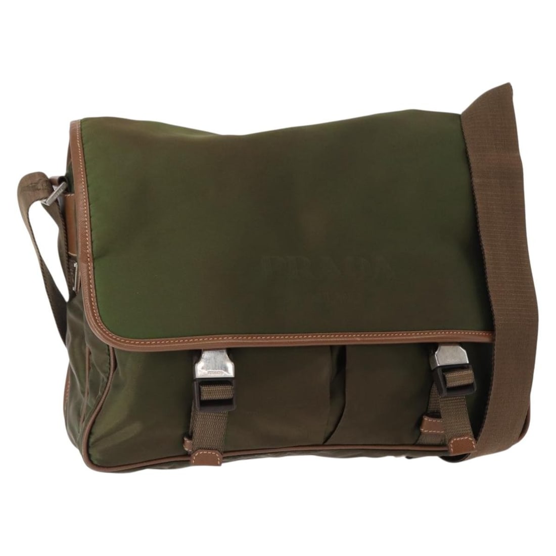 Prada Khaki Nylon Shoulder Purse with Silver Accents and Dust Bag: Prada Khaki Nylon Shoulder Purse with Silver Accents and Dust Bag This authentic PRADA shoulder bag is crafted from khaki nylon with silver-tone details. Made in Italy, it features an adjustable shoul