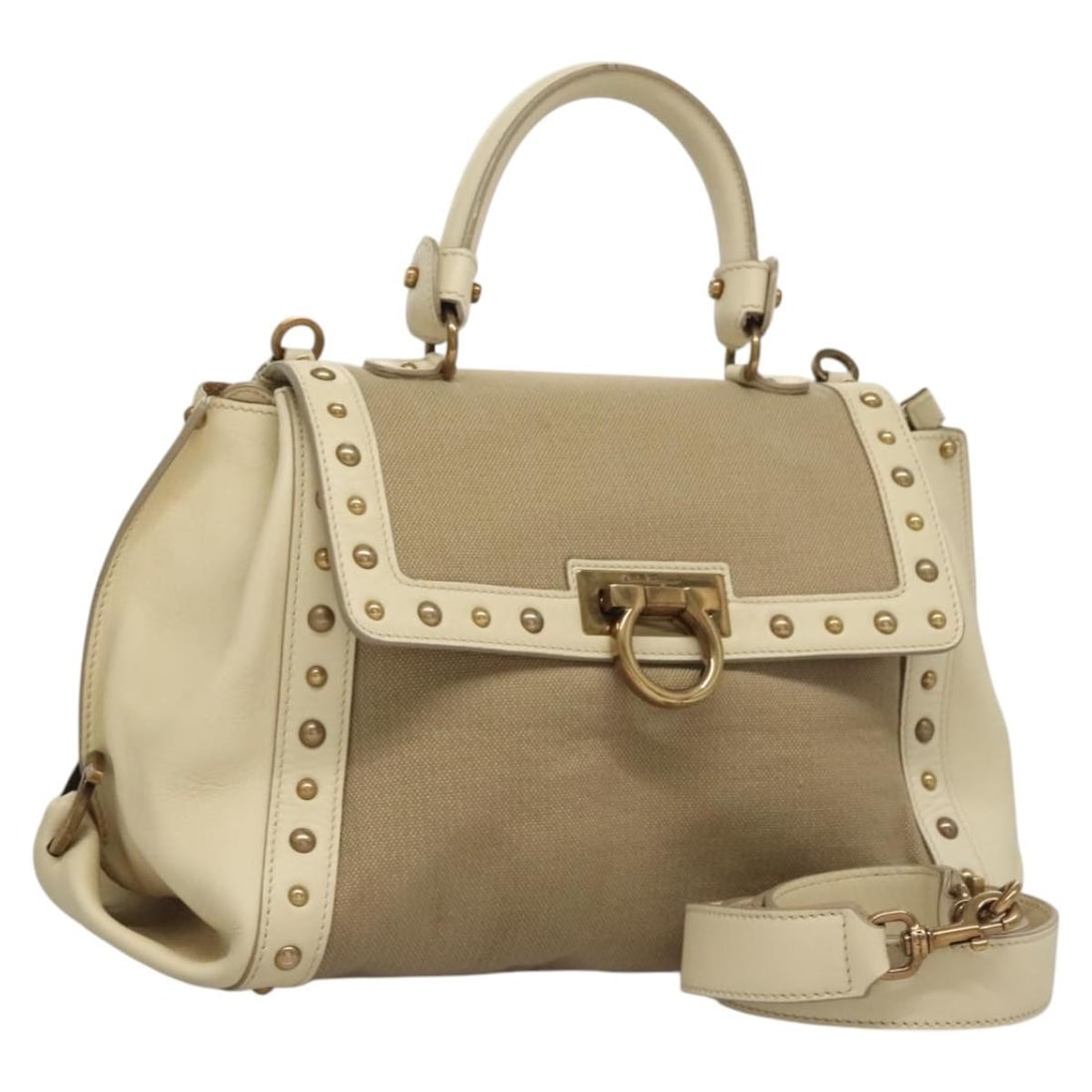 Salvatore Ferragamo Gancini Hand Bag Beige Canvas Gold Accents Auth 116212: Salvatore Ferragamo Gancini Hand Bag Beige Canvas Gold Accents Auth 116212 This elegant Salvatore Ferragamo Gancini Hand Bag showcases a beautiful blend of beige canvas and gold accents, perfect for a