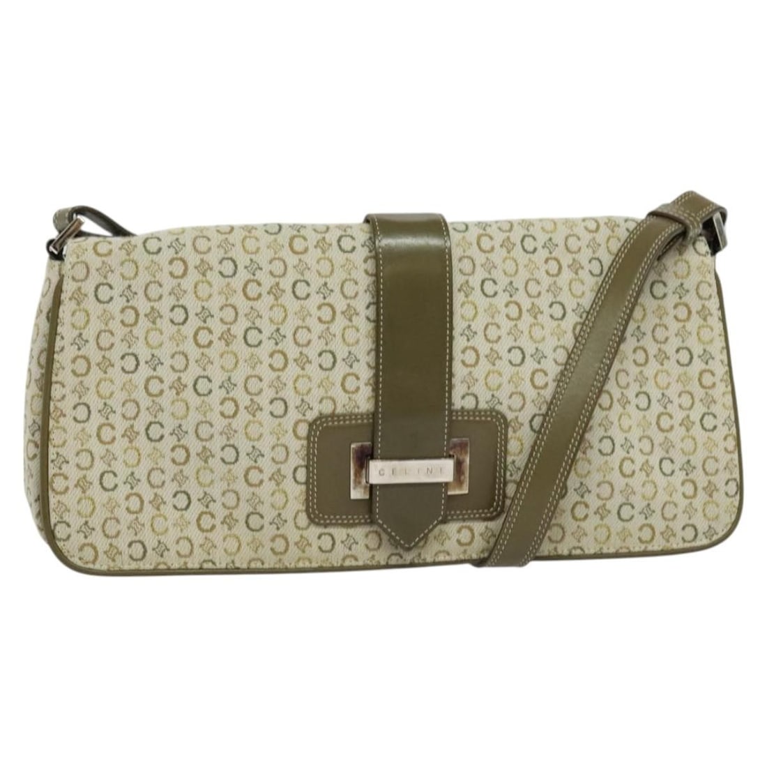 CELINE C Macadam Canvas Shoulder Bag Beige Brown Silver Made in Italy: CELINE C Macadam Canvas Shoulder Bag Beige Brown Silver Made in Italy This stylish Celine C Macadam Canvas Shoulder Bag combines luxury and practicality. Crafted from durable C Macadam Canvas in a chi
