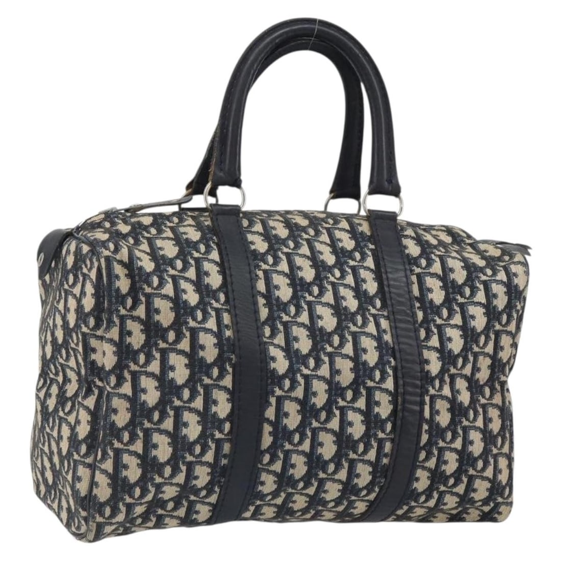Dior Trotter Navy Canvas Boston Bag Silver Accents France: Dior Trotter Navy Canvas Boston Bag Silver Accents France This Christian Dior Boston Bag features the iconic Trotter Canvas in navy and silver tones. Made in France, this stylish bag offers a spacious