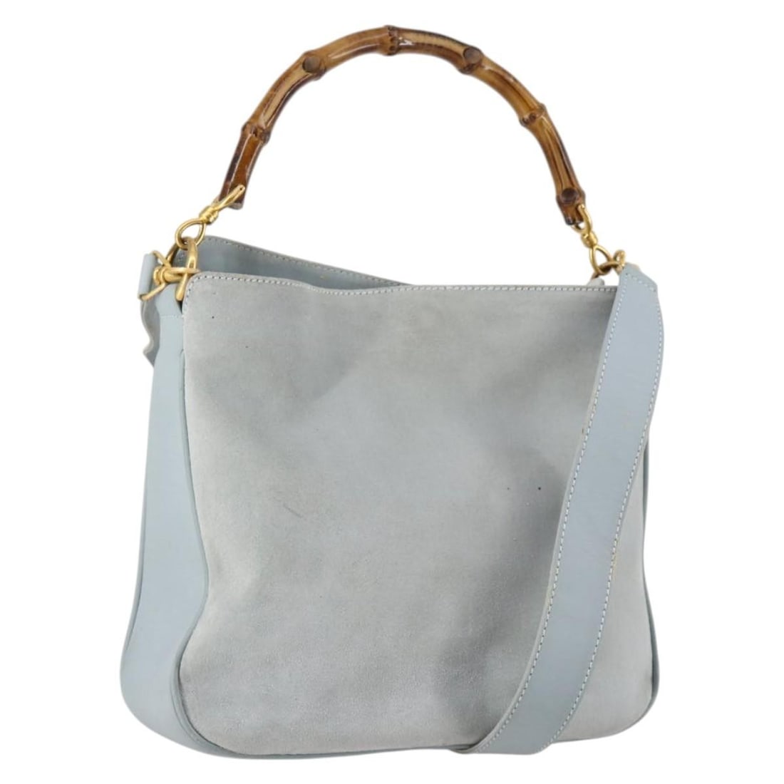 GUCCI Bamboo Suede Hand Bag Light Blue Gold 001 1638 Authentic 2-Way: GUCCI Bamboo Suede Hand Bag Light Blue Gold 001 1638 Authentic 2-Way This authentic GUCCI Bamboo Hand Bag showcases a luxurious suede exterior in an elegant light blue and gold color combination. Desi
