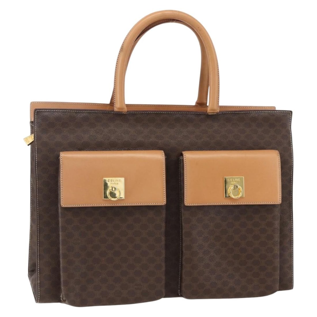 CELINE Macadam Brown Gold PVC Leather Tote Bag Italy: CELINE Macadam Brown Gold PVC Leather Tote Bag Italy This authentic CELINE Macadam Canvas Tote Bag features a stylish combination of brown and gold hues, crafted from durable PVC leather and Macadam c