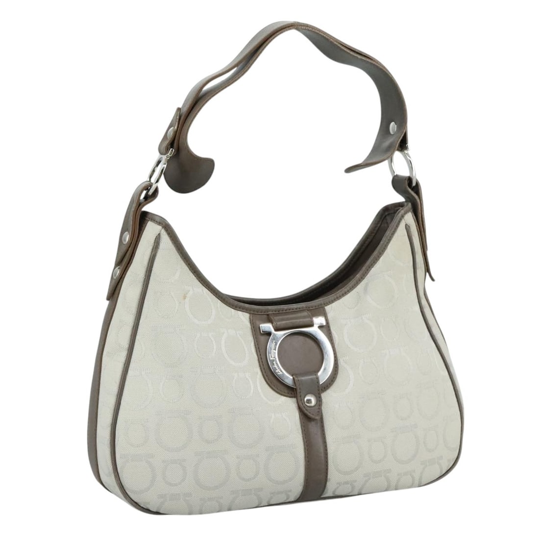 Salvatore Ferragamo Gancini Gray Canvas Shoulder Bag Italy: Salvatore Ferragamo Gancini Gray Canvas Shoulder Bag Italy This Salvatore Ferragamo Gancini Shoulder Bag is a stylish accessory crafted from durable gray canvas. The bag features a spacious interior w