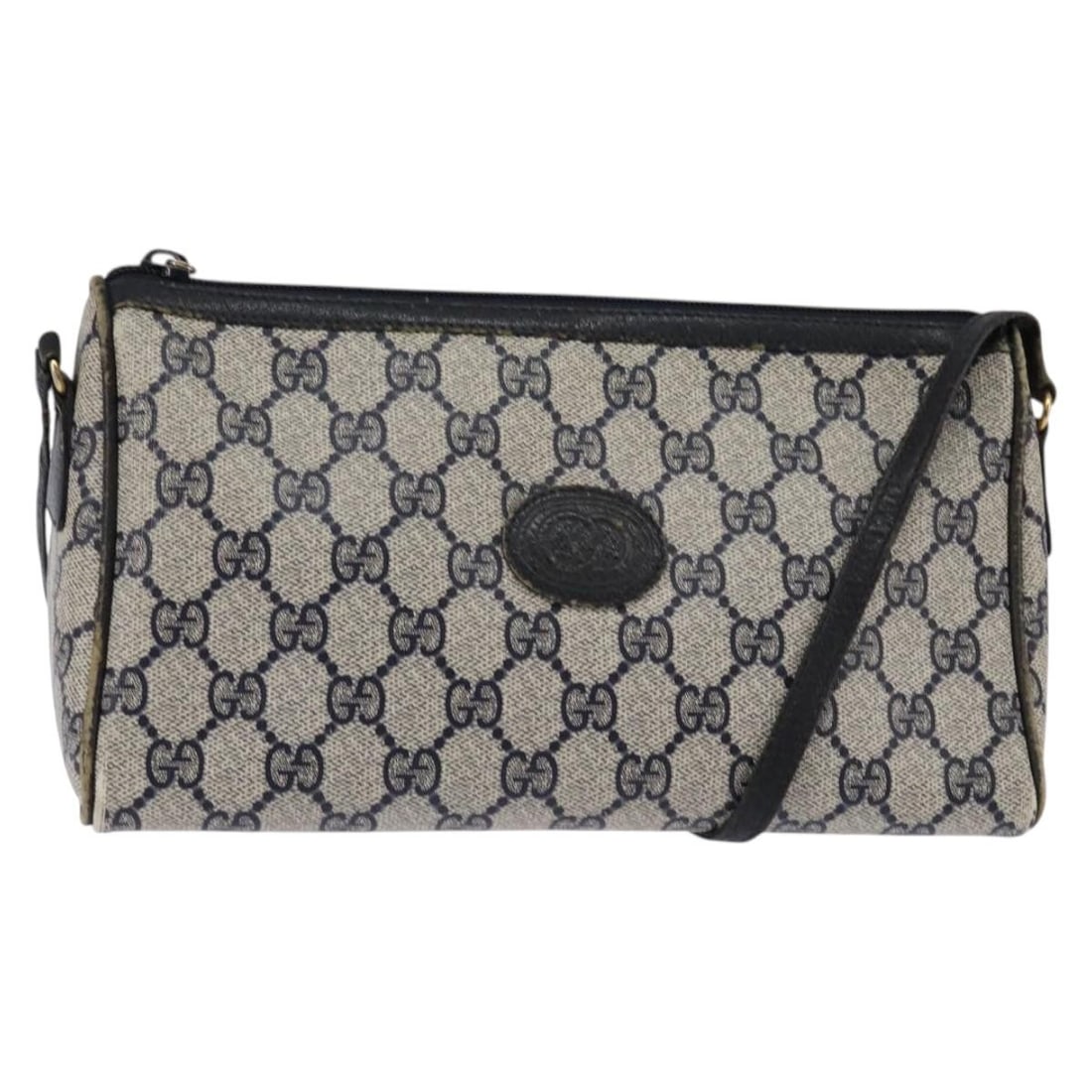 GUCCI GG Supreme Navy Gold Shoulder Bag PVC Italy Auth 148266: GUCCI GG Supreme Navy Gold Shoulder Bag PVC Italy Auth 148266 This GUCCI GG Supreme Shoulder Bag is an elegant accessory crafted from durable PVC leather in a striking navy and gold color scheme. Desi