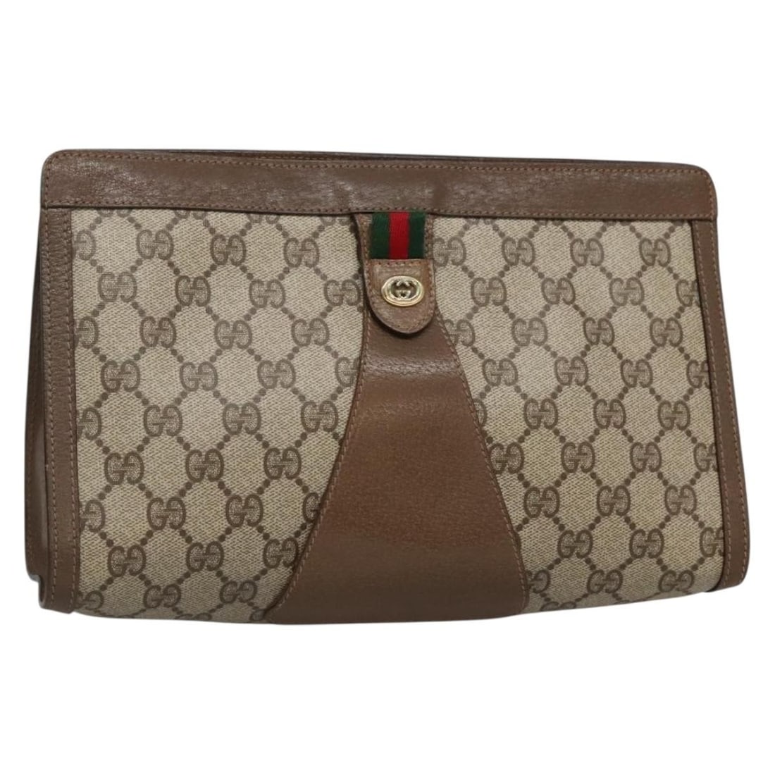 GUCCI GG Supreme Web Sherry Line Clutch Bag Beige Gold PVC Auth BA4626: GUCCI GG Supreme Web Sherry Line Clutch Bag Beige Gold PVC Auth BA4626 This stylish Gucci GG Supreme Sherry Line Clutch Bag is crafted from durable PVC leather in a chic beige and gold color scheme. W