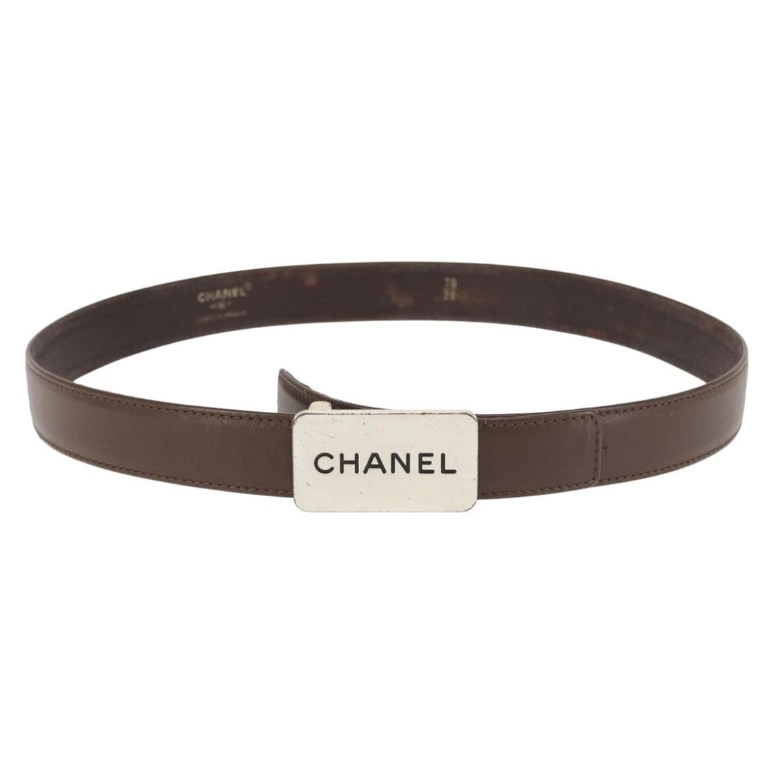 CHANEL Brown Leather Belt 33.1 inches CC Logo France (1 of 9)