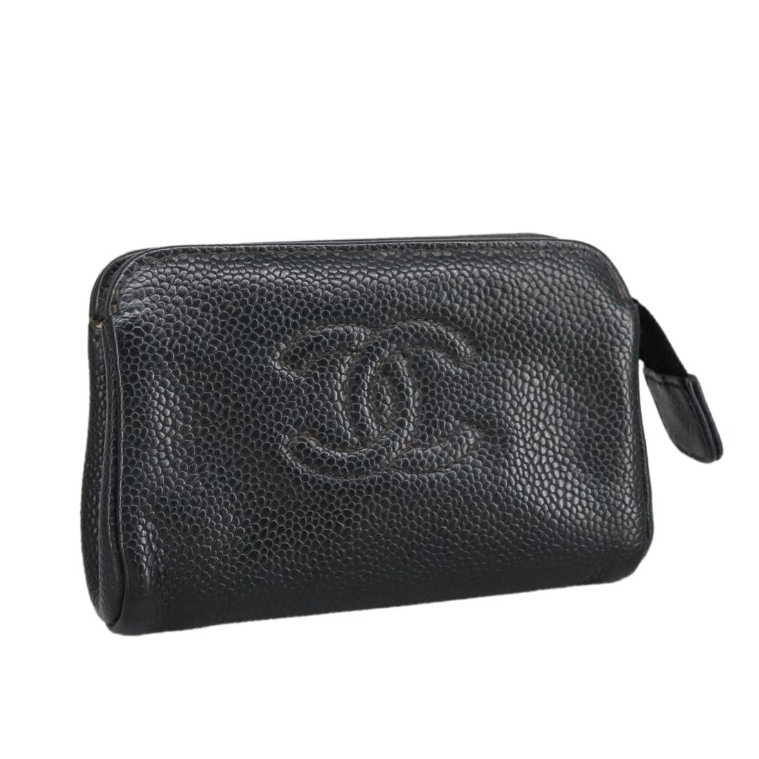 CHANEL COCO Mark Black Gold Pouch Caviar Skin Auth AM7126 (1 of 17)