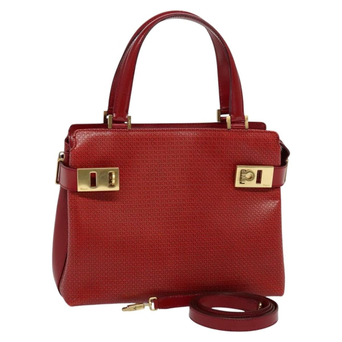 Salvatore Ferragamo Gancini Leather Shoulder Bag Red Gold Authentic (1 of 18)