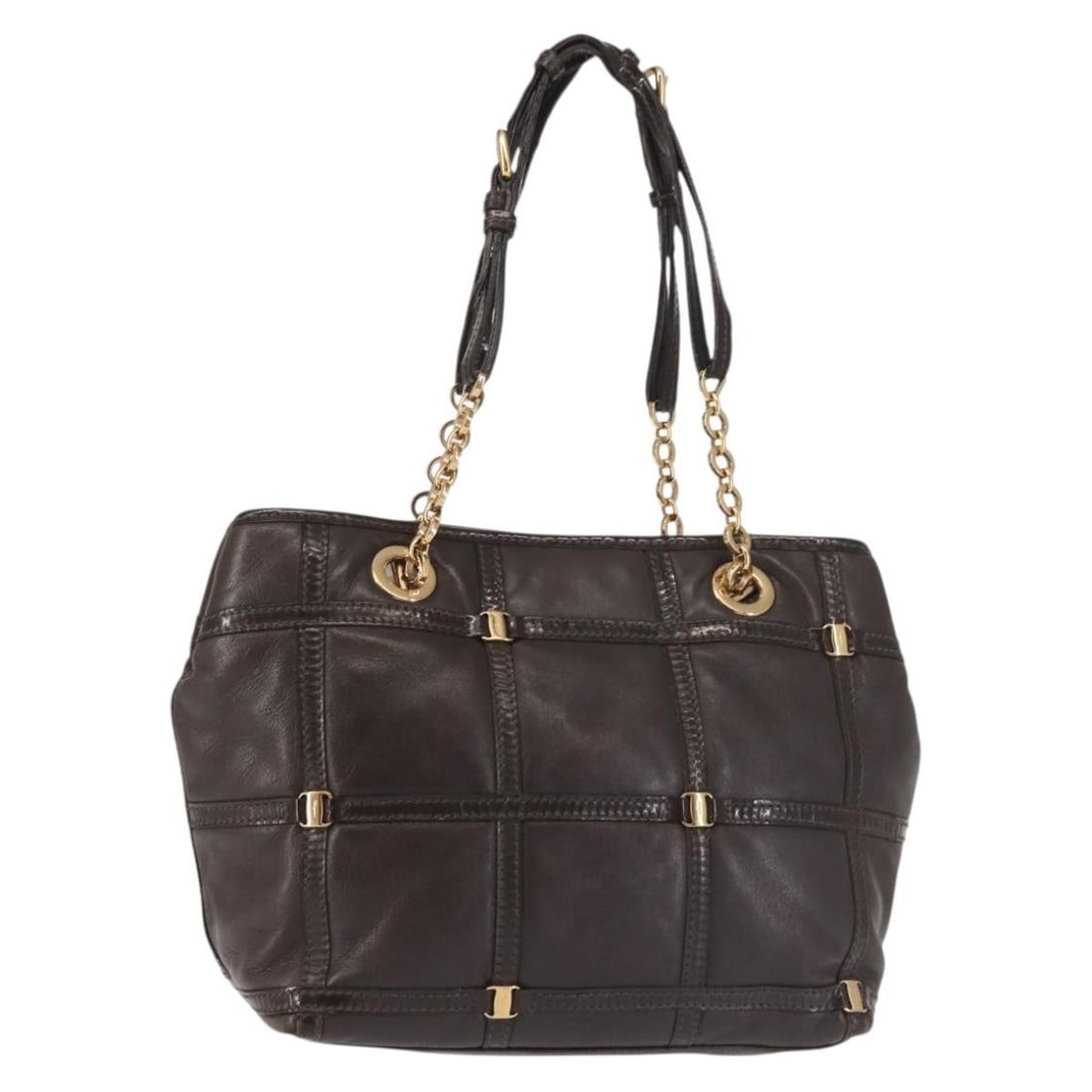 Salvatore Ferragamo Chain Vala Leather Shoulder Bag Brown Gold Made in Italy: Salvatore Ferragamo Chain Vala Leather Shoulder Bag Brown Gold Made in Italy This exquisite Salvatore Ferragamo Chain Vala Shoulder Bag is crafted from high-quality leather in a rich brown and gold co