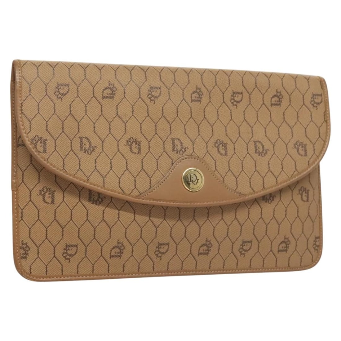 Christian Dior Honeycomb Canvas Clutch Bag Beige Gold PVC Made in France: Christian Dior Honeycomb Canvas Clutch Bag Beige Gold PVC Made in France This Christian Dior Honeycomb Canvas Clutch Bag is a stylish accessory crafted from PVC leather. It features a chic beige and g