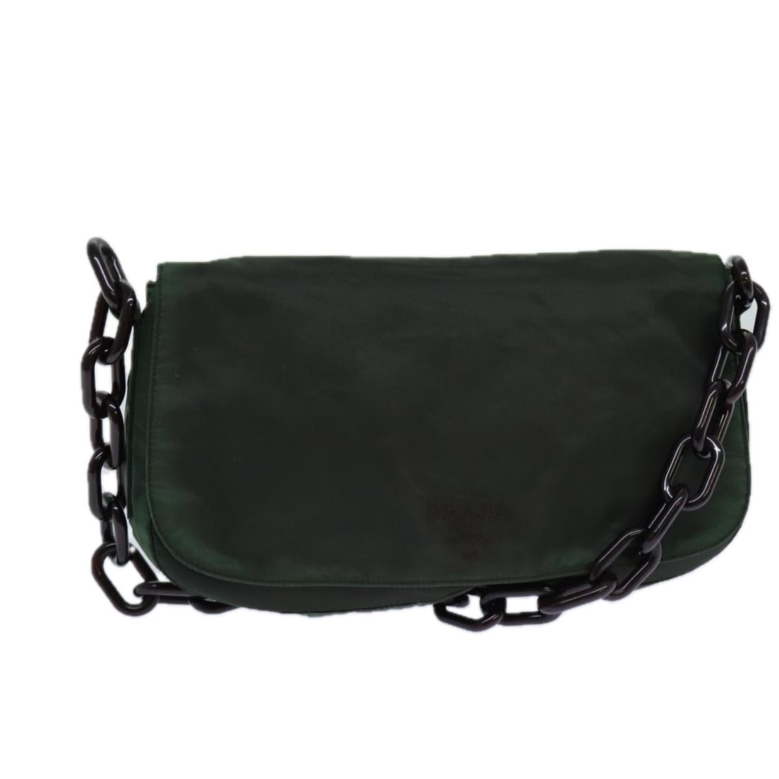 PRADA Green Nylon Chain Shoulder Bag Made in Italy: PRADA Green Nylon Chain Shoulder Bag Made in Italy This PRADA Chain Shoulder Bag, crafted from durable nylon, showcases a vibrant green exterior that adds a pop of color to any outfit. Designed for co