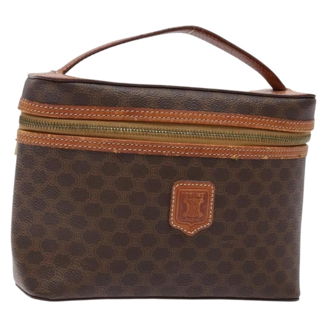 CELINE Macadam Canvas Vanity Pouch Brown Gold PVC Leather Auth 137943: CELINE Macadam Canvas Vanity Pouch Brown Gold PVC Leather Auth 137943 This authentic CELINE Macadam Canvas Vanity Pouch is a stylish accessory crafted in Italy from durable PVC leather with a striking
