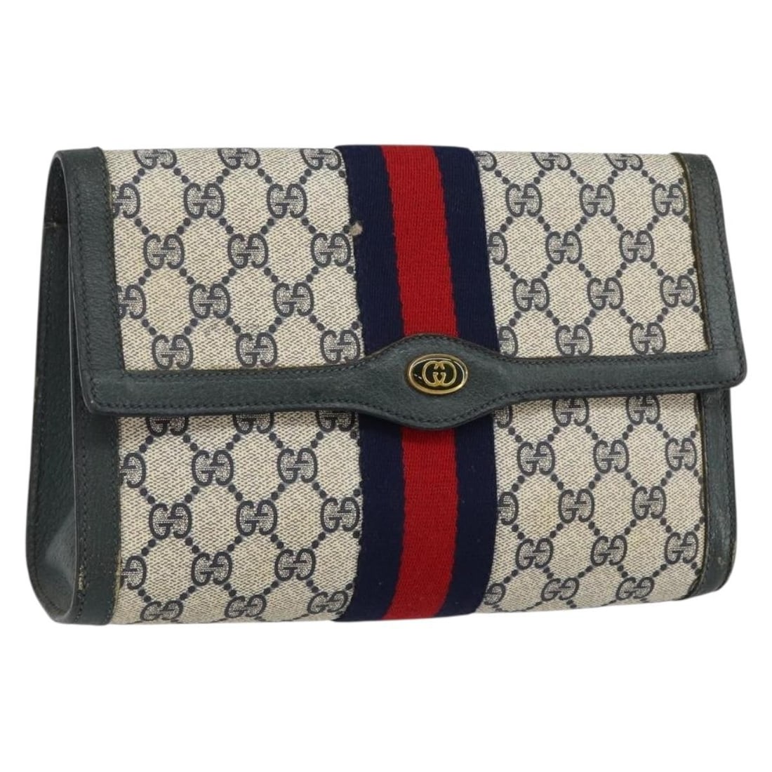 GUCCI GG Supreme Sherry Line Clutch Bag Navy Red PVC Auth 89 01 006 (1 of 18)