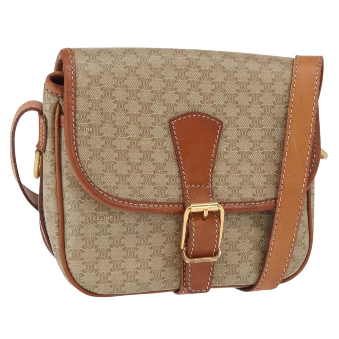 Celine Beige Macadam PVC Canvas Shoulder Bag with Gold Accents: Celine Beige Macadam PVC Canvas Shoulder Bag with Gold Accents This CELINE Macadam shoulder bag features a beige and gold PVC leather exterior with the signature Macadam canvas pattern. Designed and c