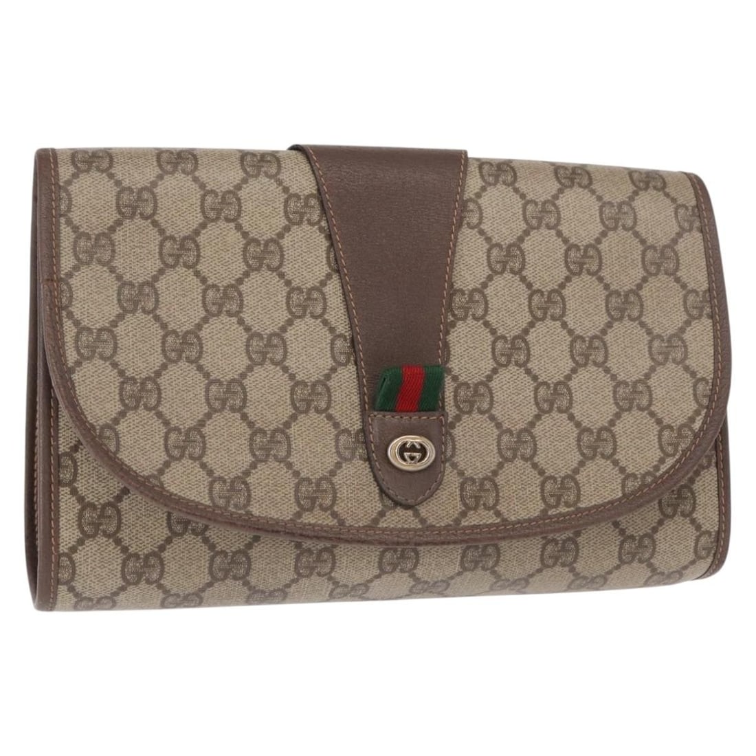 GUCCI GG Supreme Web Sherry Clutch Bag Beige Gold PVC Italy Auth 156 01 030: GUCCI GG Supreme Web Sherry Clutch Bag Beige Gold PVC Italy Auth 156 01 030 This GUCCI GG Supreme Web Sherry Line Clutch Bag showcases a stylish blend of PVC leather and GG canvas in a chic beige and