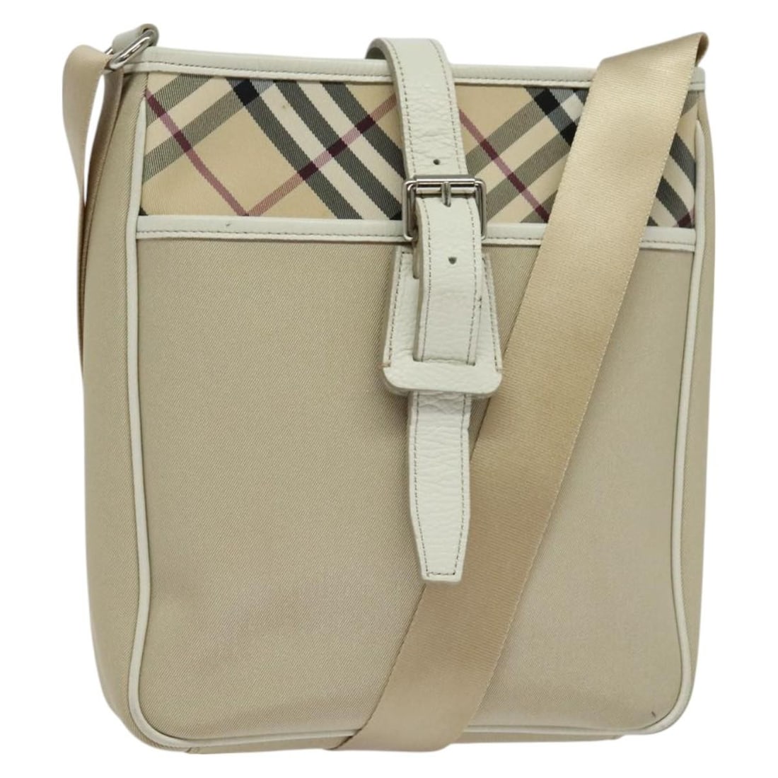 BURBERRY Nova Check Beige Silver Nylon Shoulder Bag Auth BA2878: BURBERRY Nova Check Beige Silver Nylon Shoulder Bag Auth BA2878 This BURBERRY Nova Check Shoulder Bag is a stylish and practical accessory crafted from durable nylon in a sophisticated beige and silve