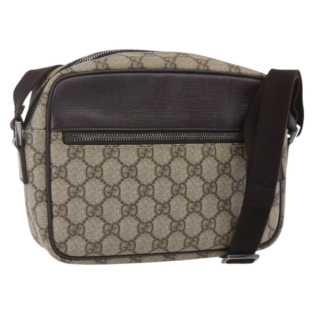 GUCCI GG Supreme Beige Silver Shoulder Bag PVC Auth 114291: GUCCI GG Supreme Beige Silver Shoulder Bag PVC Auth 114291 This stylish GUCCI GG Supreme Shoulder Bag is crafted from high-quality PVC leather in a chic beige and silver color combination. Designed fo