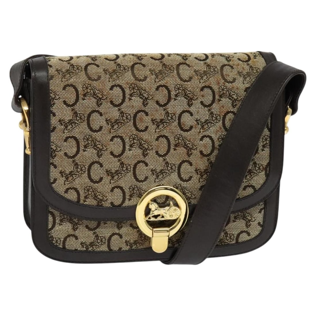 CELINE C Sulky Brown Canvas Shoulder Bag Gold Accents Authentic: CELINE C Sulky Brown Canvas Shoulder Bag Gold Accents Authentic This Celine C Sulky Shoulder Bag combines style and functionality with its elegant brown canvas exterior accented by gold details. Craft
