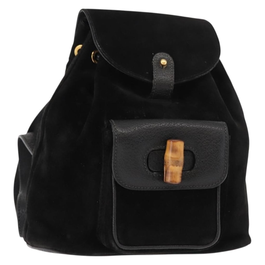 GUCCI Black Gold Suede Bamboo Backpack 003 58 0030 Auth: GUCCI Black Gold Suede Bamboo Backpack 003 58 0030 Auth This authentic GUCCI Bamboo Backpack is crafted from luxurious black suede, accented with gold elements. Designed for both style and functionali
