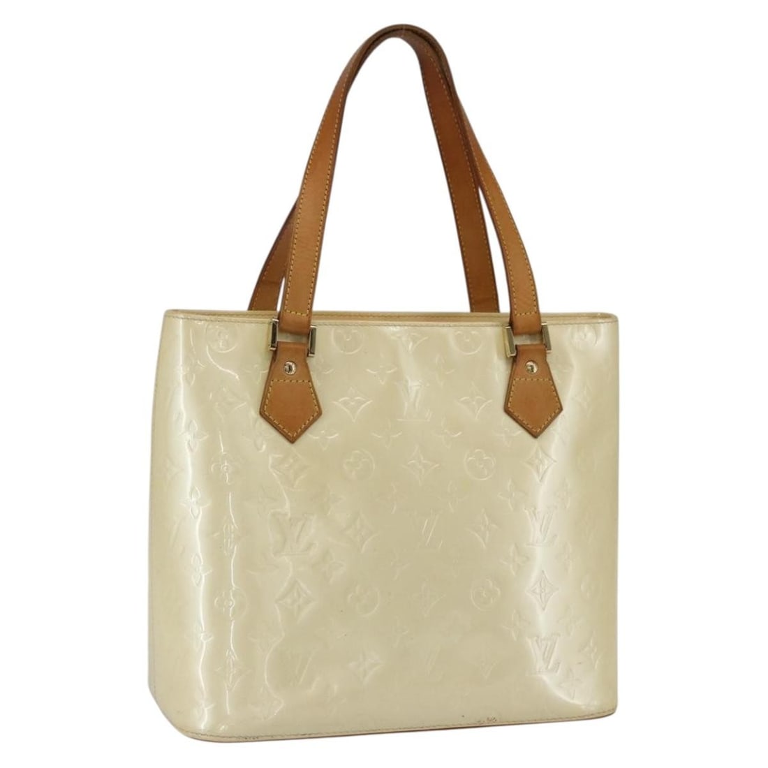 Houston Monogram Vernis Perle Patent Leather Handbag by Louis Vuitton M91342: Houston Monogram Vernis Perle Patent Leather Handbag by Louis Vuitton M91342 This Louis Vuitton Monogram Vernis Houston handbag in Perle features a patent leather exterior with the signature LV monogr