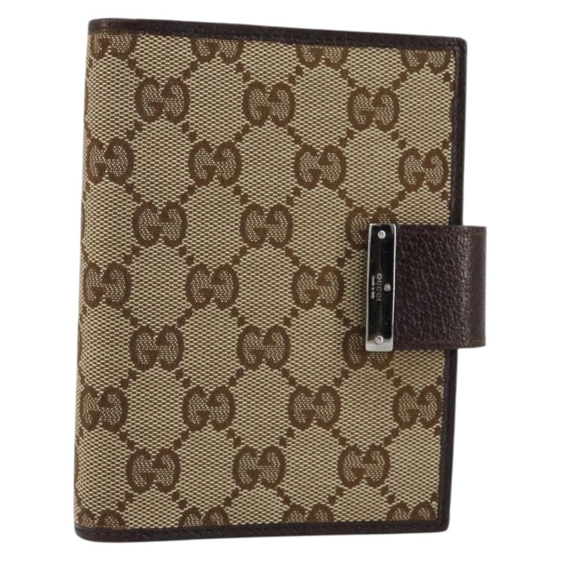 GUCCI GG Canvas Day Planner Cover Beige Silver 115240 Authentic: GUCCI GG Canvas Day Planner Cover Beige Silver 115240 Authentic Elevate your organizational style with this GUCCI GG Canvas Day Planner Cover, crafted in Italy. This chic accessory showcases a sophist