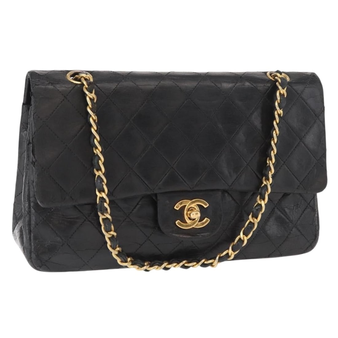 Chanel Matelasse 25 Black Lambskin Double Flap Shoulder Bag Gold Chain CC Logo: Chanel Matelasse 25 Black Lambskin Double Flap Shoulder Bag Gold Chain CC Logo This is a CHANEL Matelasse 25 Double Flap shoulder bag crafted from black lambskin leather with gold-tone CC accents. The