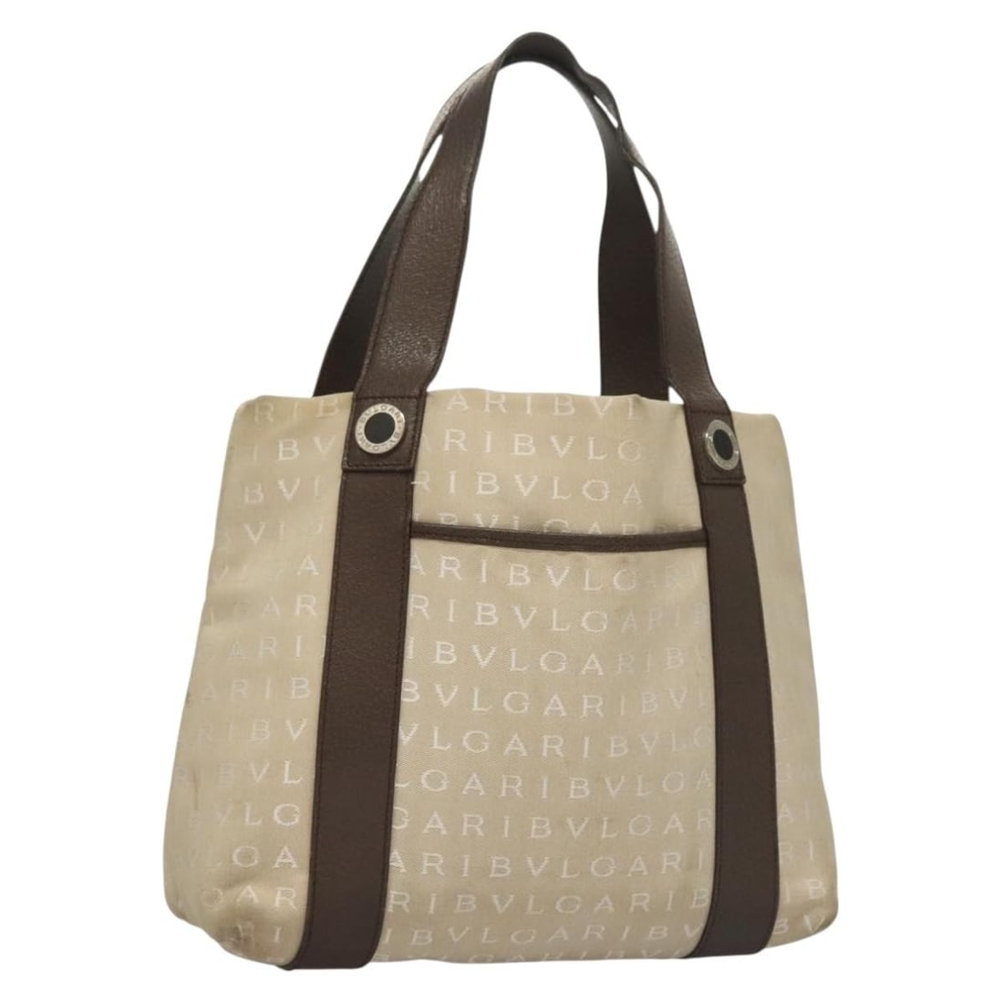 BVLGARI Logo Mania Canvas Tote Bag Beige Silver Made in Italy: BVLGARI Logo Mania Canvas Tote Bag Beige Silver Made in Italy Elevate your accessory collection with this BVLGARI Logo Mania Tote Bag, meticulously crafted in Italy. This stylish tote features a chic