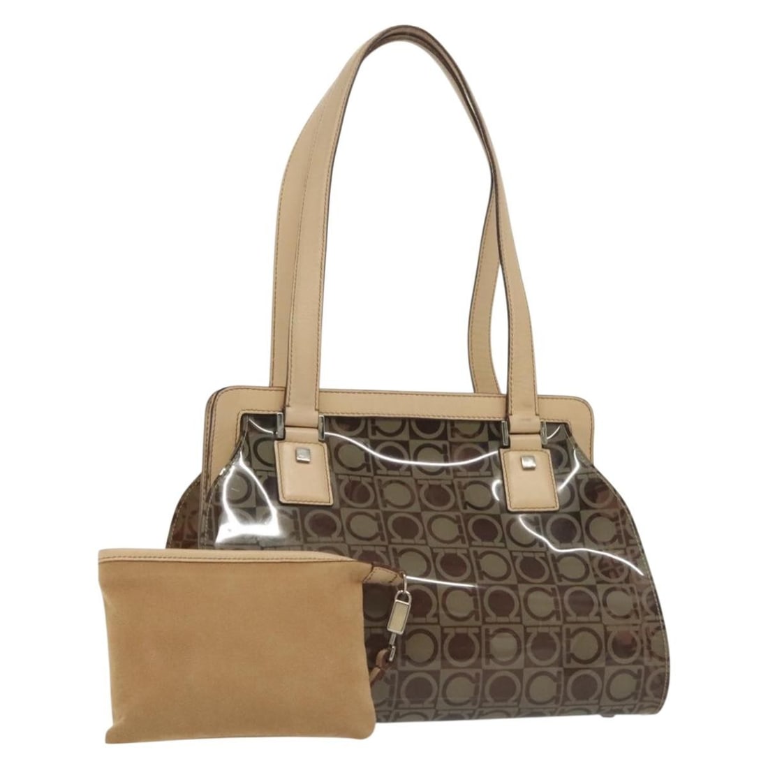 Salvatore Ferragamo Vinyl Tote Bag Brown Beige Silver Made in Italy: Salvatore Ferragamo Vinyl Tote Bag Brown Beige Silver Made in Italy This elegant Salvatore Ferragamo tote bag showcases a stylish blend of brown, beige, and silver hues. Crafted from durable vinyl, th