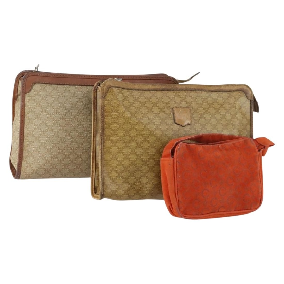 Set of 3 Celine Beige Orange Macadam Canvas PVC Leather Clutch Bags: Set of 3 Celine Beige Orange Macadam Canvas PVC Leather Clutch Bags This is a set of three authentic CELINE Macadam clutch bags crafted from PVC leather and Macadam canvas in beige and orange tones. M