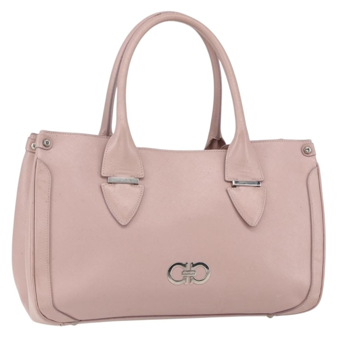 Salvatore Ferragamo Gancini Pink Silver Leather Handbag Auth Italy: Salvatore Ferragamo Gancini Pink Silver Leather Handbag Auth Italy This Salvatore Ferragamo Gancini Hand Bag combines luxurious leather in a stunning pink and silver hue, perfect for adding a touch of