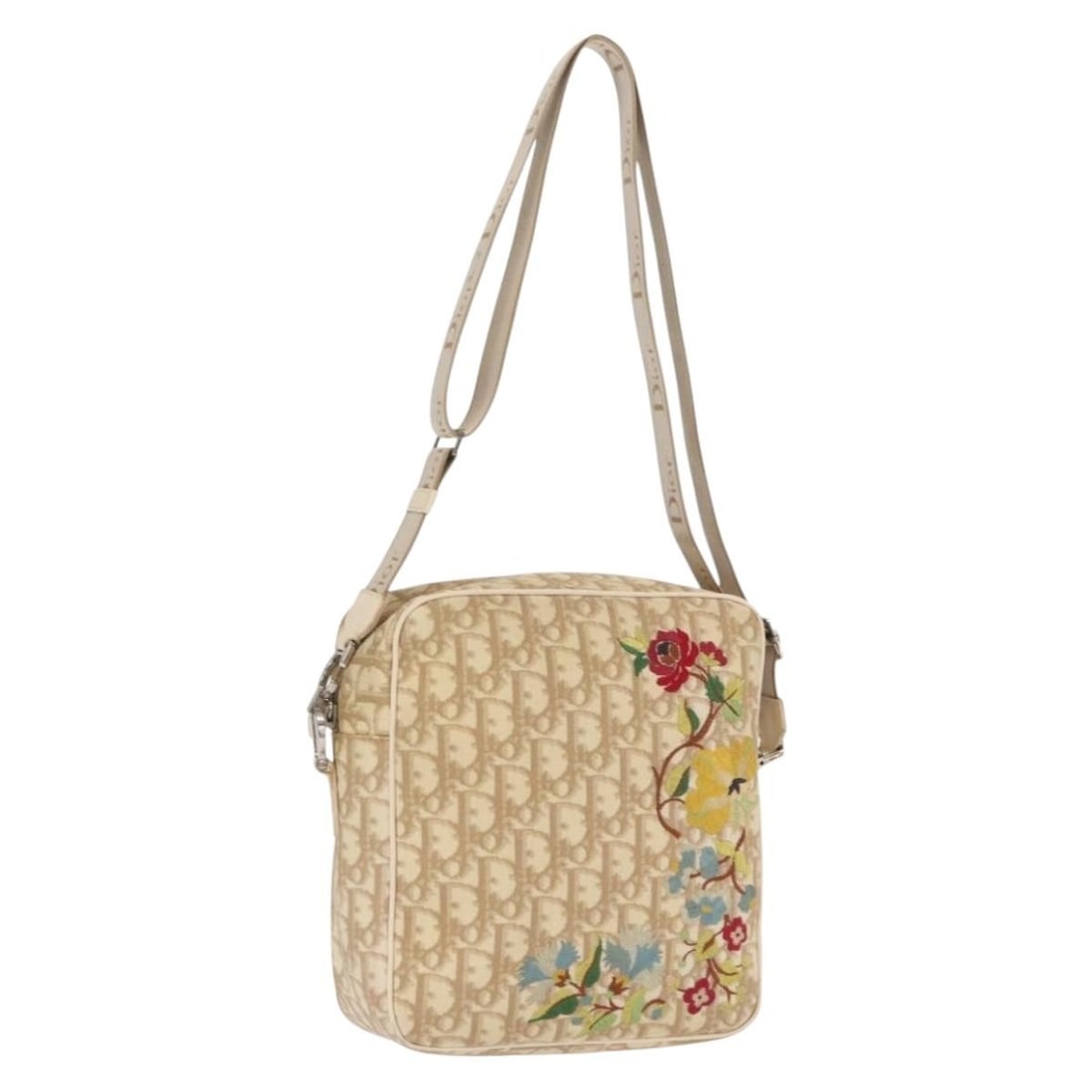 Beige Silver Flower Shoulder Bag Christian Dior Trotter PVC Canvas Italy (1 of 18)