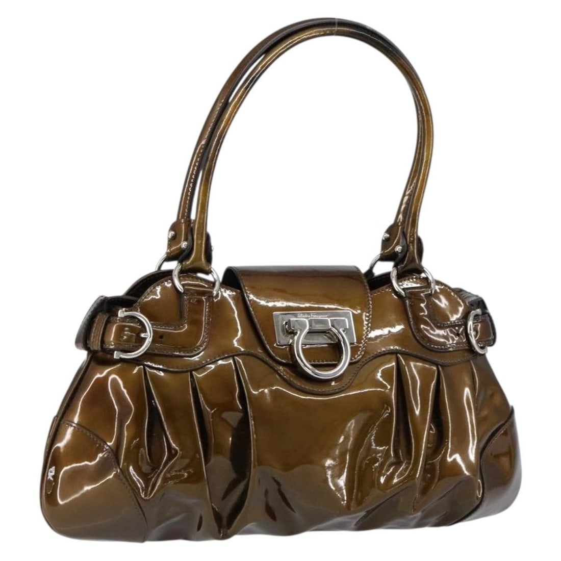 Salvatore Ferragamo Gancini Hand Bag Bronze Silver Enamel Auth: Salvatore Ferragamo Gancini Hand Bag Bronze Silver Enamel Auth This Salvatore Ferragamo Gancini Hand Bag is a stunning accessory crafted in Italy with a stylish bronze and silver enamel exterior. Meas