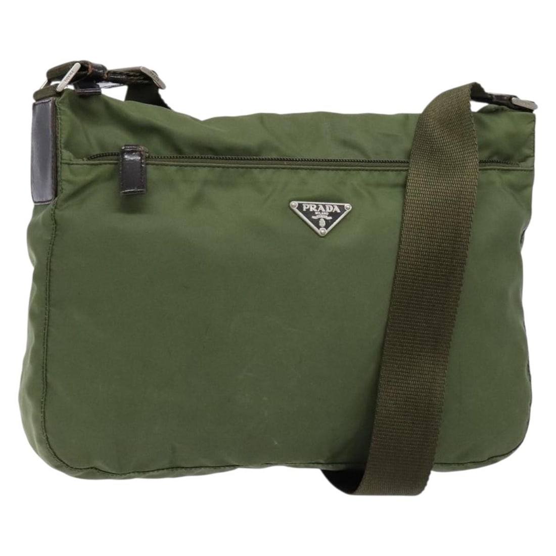 PRADA Khaki Silver Nylon Shoulder Bag Authentic Made in Italy: PRADA Khaki Silver Nylon Shoulder Bag Authentic Made in Italy This PRADA shoulder bag combines functionality with a chic design, crafted from durable nylon in a stylish khaki and silver color scheme.