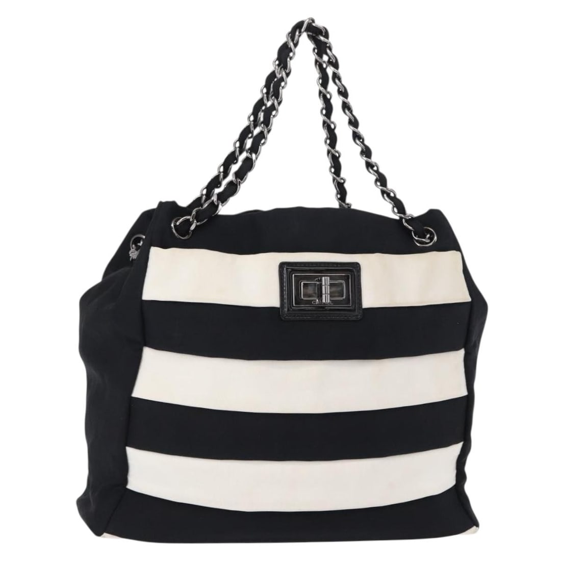 CHANEL 2.55 Black Nylon Shoulder Bag Silver Hardware Authentic: CHANEL 2.55 Black Nylon Shoulder Bag Silver Hardware Authentic Elevate your accessory collection with this authentic CHANEL 2.55 Chain Shoulder Bag, crafted in Italy from durable nylon in a classic bl