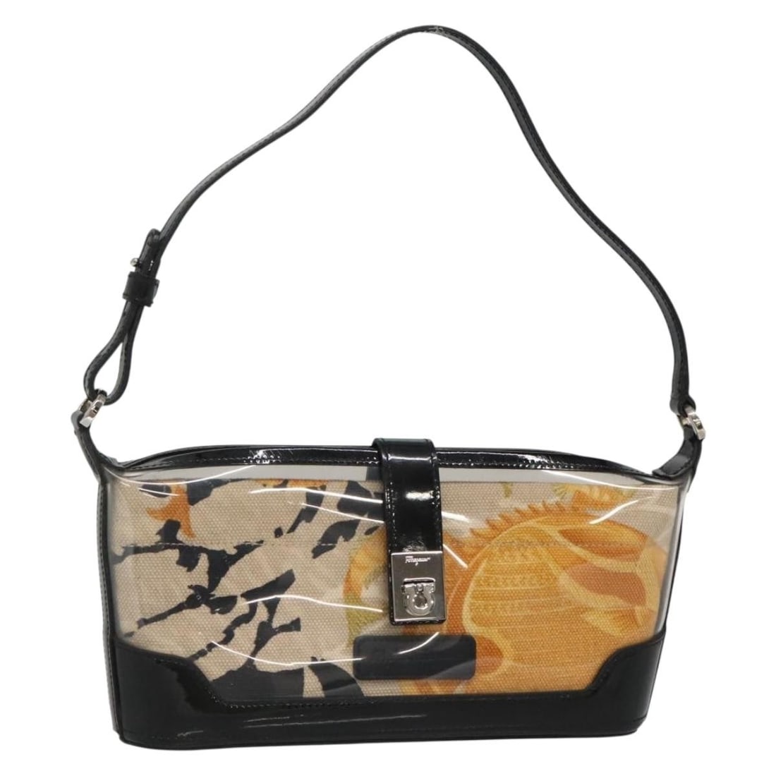 Salvatore Ferragamo Gancini Shoulder Bag Vinyl Black Beige Silver Made in Italy: Salvatore Ferragamo Gancini Shoulder Bag Vinyl Black Beige Silver Made in Italy This Salvatore Ferragamo Gancini Shoulder Bag is a stunning blend of black, beige, and silver vinyl, showcasing the bran