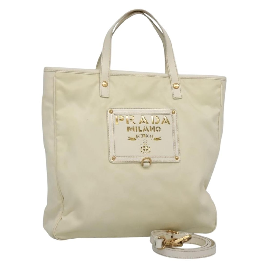 Authentic PRADA Nylon Hand Bag White Gold 2-Way Italy 131467: Authentic PRADA Nylon Hand Bag White Gold 2-Way Italy 131467 This authentic PRADA hand bag combines functionality and style with its elegant nylon construction in a chic white and gold color scheme. P