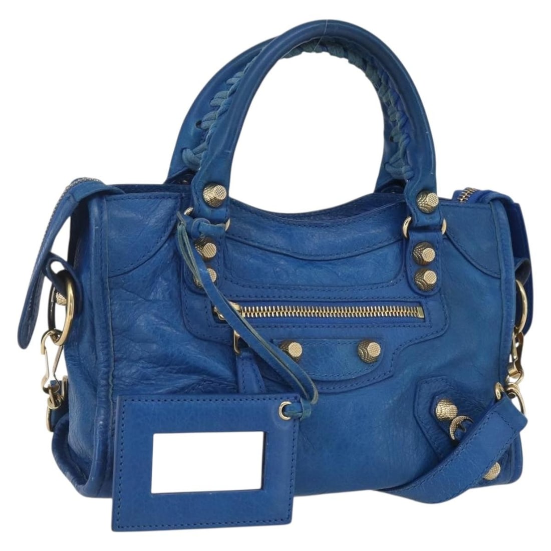 Balenciaga Mini City Blue Leather Handbag with Gold Hardware and Shoulder Strap: Balenciaga Mini City Blue Leather Handbag with Gold Hardware and Shoulder Strap This Balenciaga Giant Mini City handbag is crafted from blue leather with gold-tone accents and offers versatile 2-way c