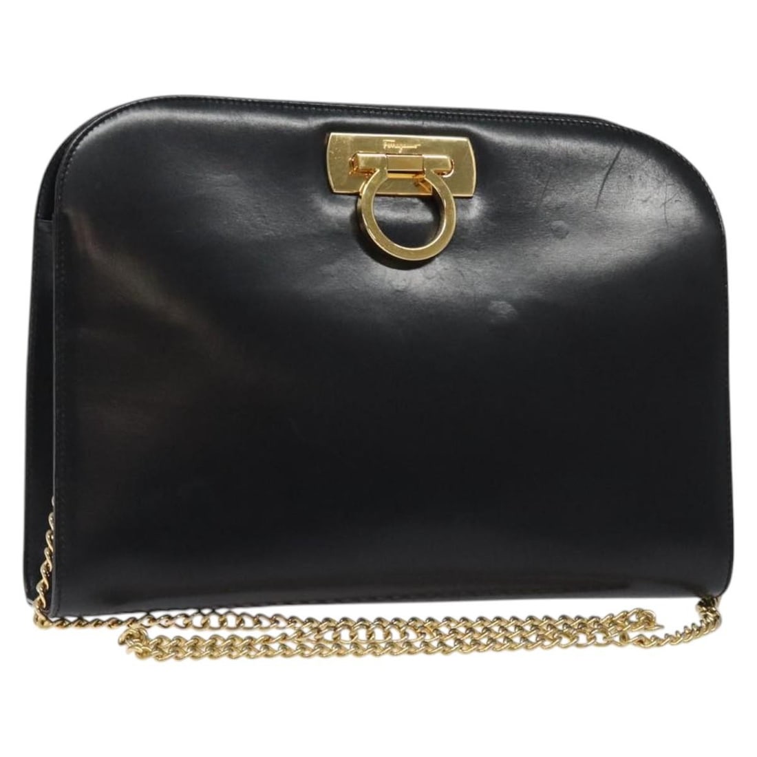 Salvatore Ferragamo Gancini Chain Shoulder Bag Black Gold Leather Auth (1 of 18)