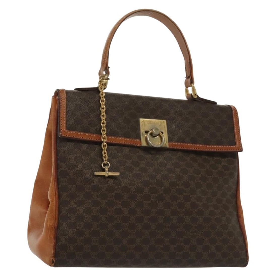 CELINE Macadam Brown PVC Canvas Gold Tone Italian Handbag: CELINE Macadam Brown PVC Canvas Gold Tone Italian Handbag This CELINE Macadam hand bag features a stylish combination of brown and gold tones with the iconic Macadam canvas and PVC leather exterior. C