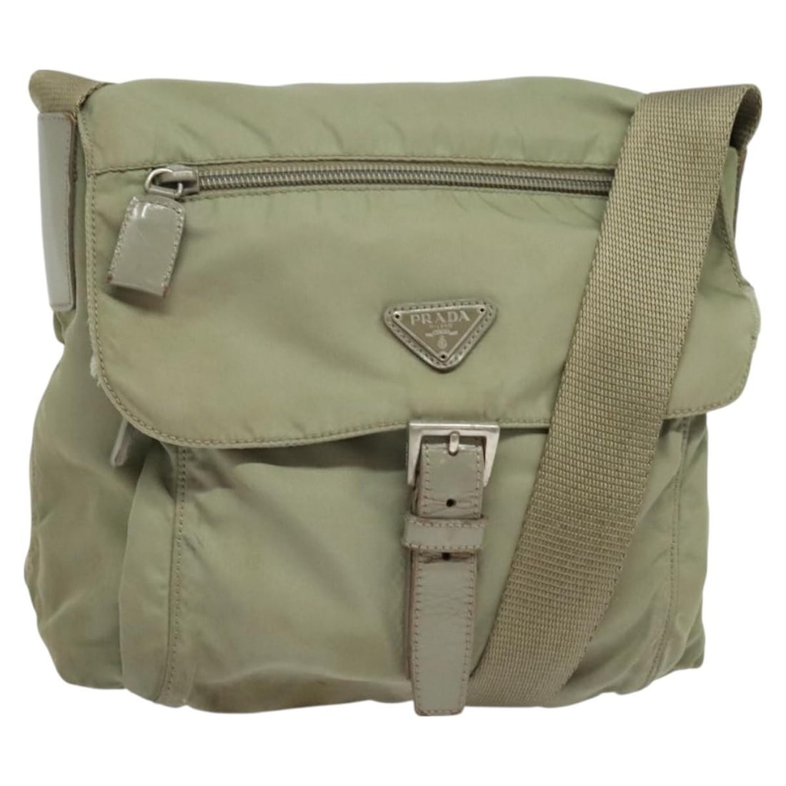PRADA Khaki Silver Nylon Shoulder Bag Made in Italy Auth 131164 (1 of 18)