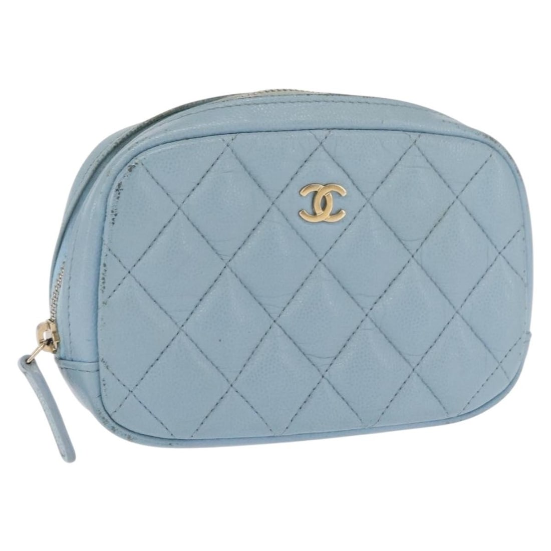 Chanel Matelasse Light Blue Caviar Leather Pouch with CC Logo: Chanel Matelasse Light Blue Caviar Leather Pouch with CC Logo This CHANEL Matelasse pouch is crafted from grained caviar calfskin in a light blue color, featuring the iconic CC design. Made in Spain,