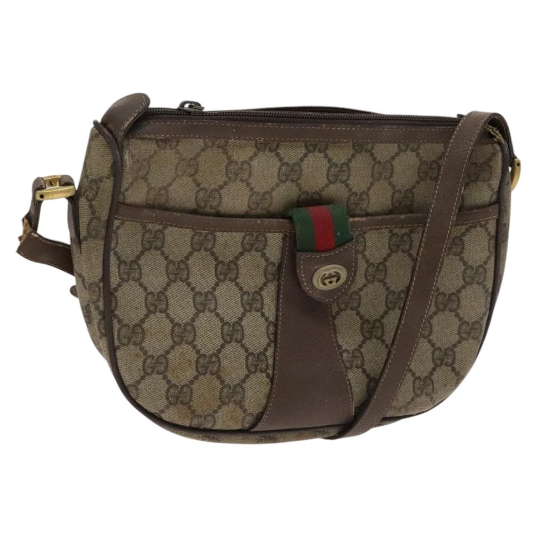 GUCCI GG Supreme Vintage Shoulder Bag PVC Leather Beige Green Red Auth 114357 (1 of 18)
