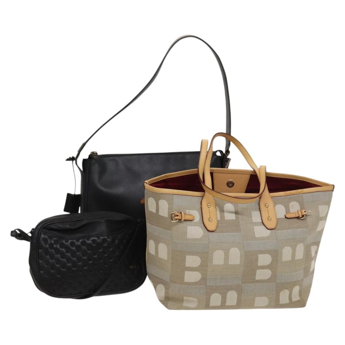 BALLY Beige Black Leather Canvas Shoulder Bag 3 Piece Set Auth: BALLY Beige Black Leather Canvas Shoulder Bag 3 Piece Set Auth This BALLY Shoulder Bag is a stylish accessory crafted from high-quality leather. The exterior showcases a chic beige and black color com