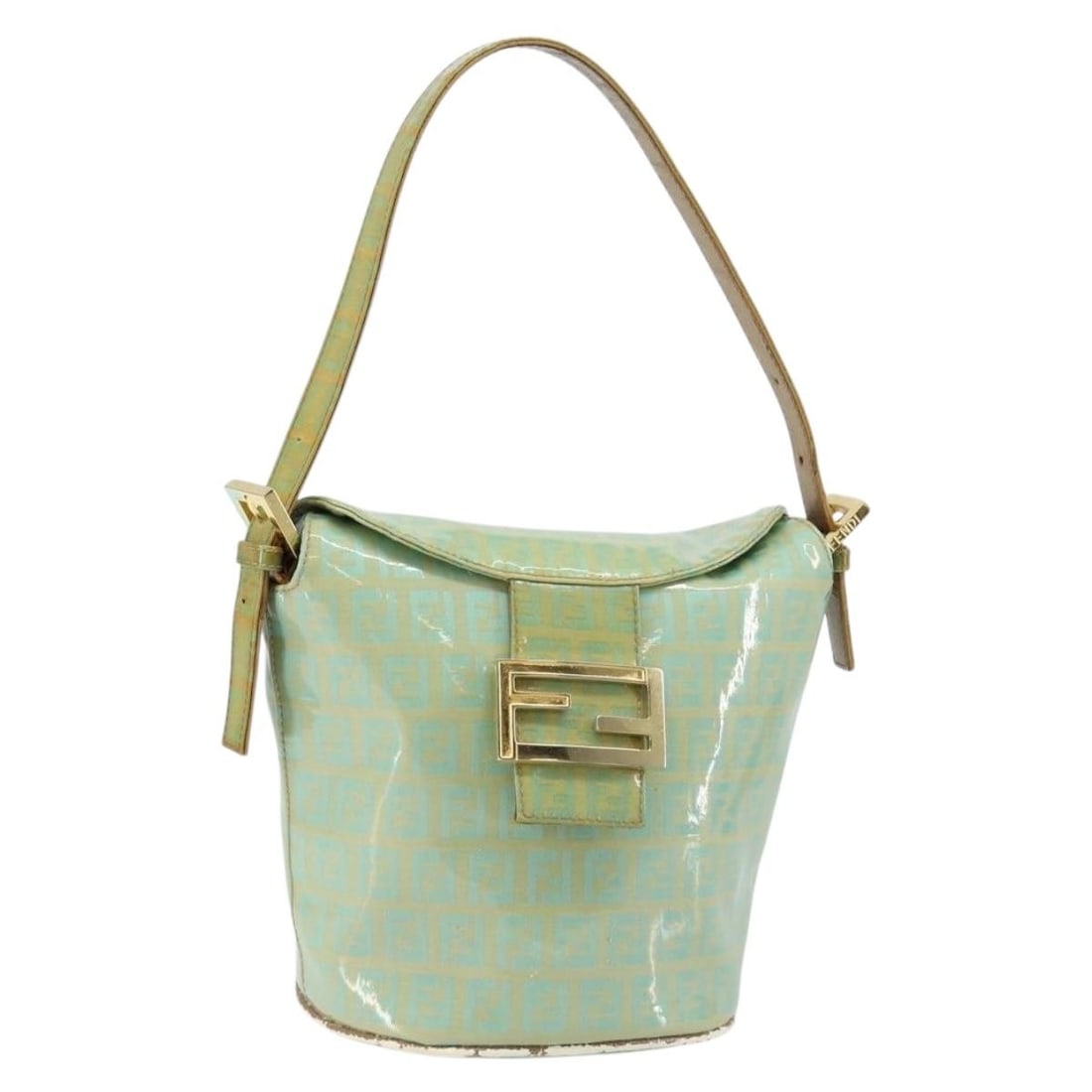 FENDI Enamel Peppermint Gold Mamma Baguette Shoulder Bag Auth 147538: FENDI Enamel Peppermint Gold Mamma Baguette Shoulder Bag Auth 147538 This FENDI Zucchino Canvas Mamma Baguette Bag showcases a chic combination of peppermint and gold hues, crafted from enamel and Zuc