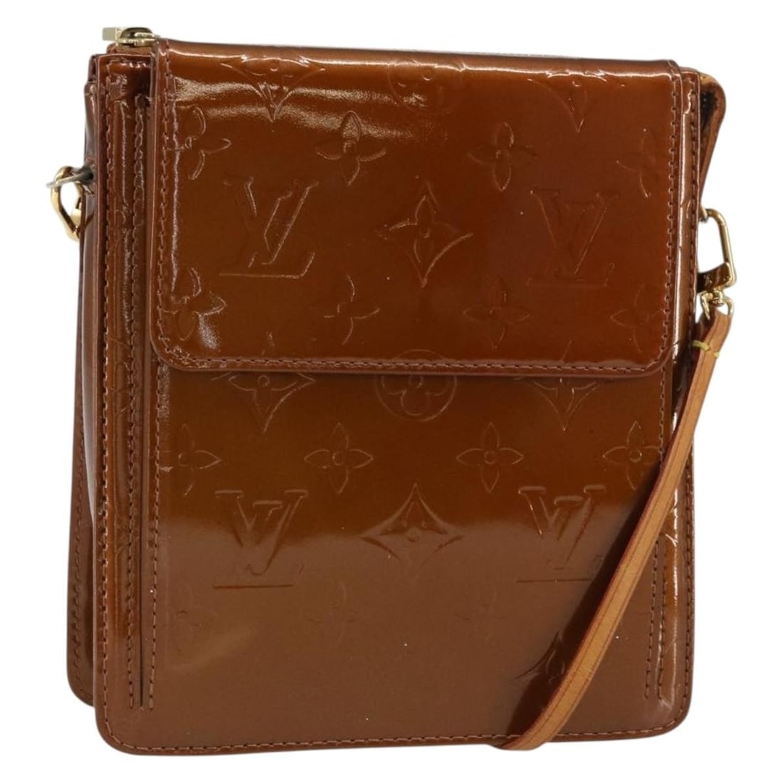 Louis Vuitton Bronze Monogram Vernis Motto Patent Leather Pouch M91138: Louis Vuitton Bronze Monogram Vernis Motto Patent Leather Pouch M91138 This Louis Vuitton Monogram Vernis Motto accessory pouch features a bronze patent leather exterior with a compact and stylish des