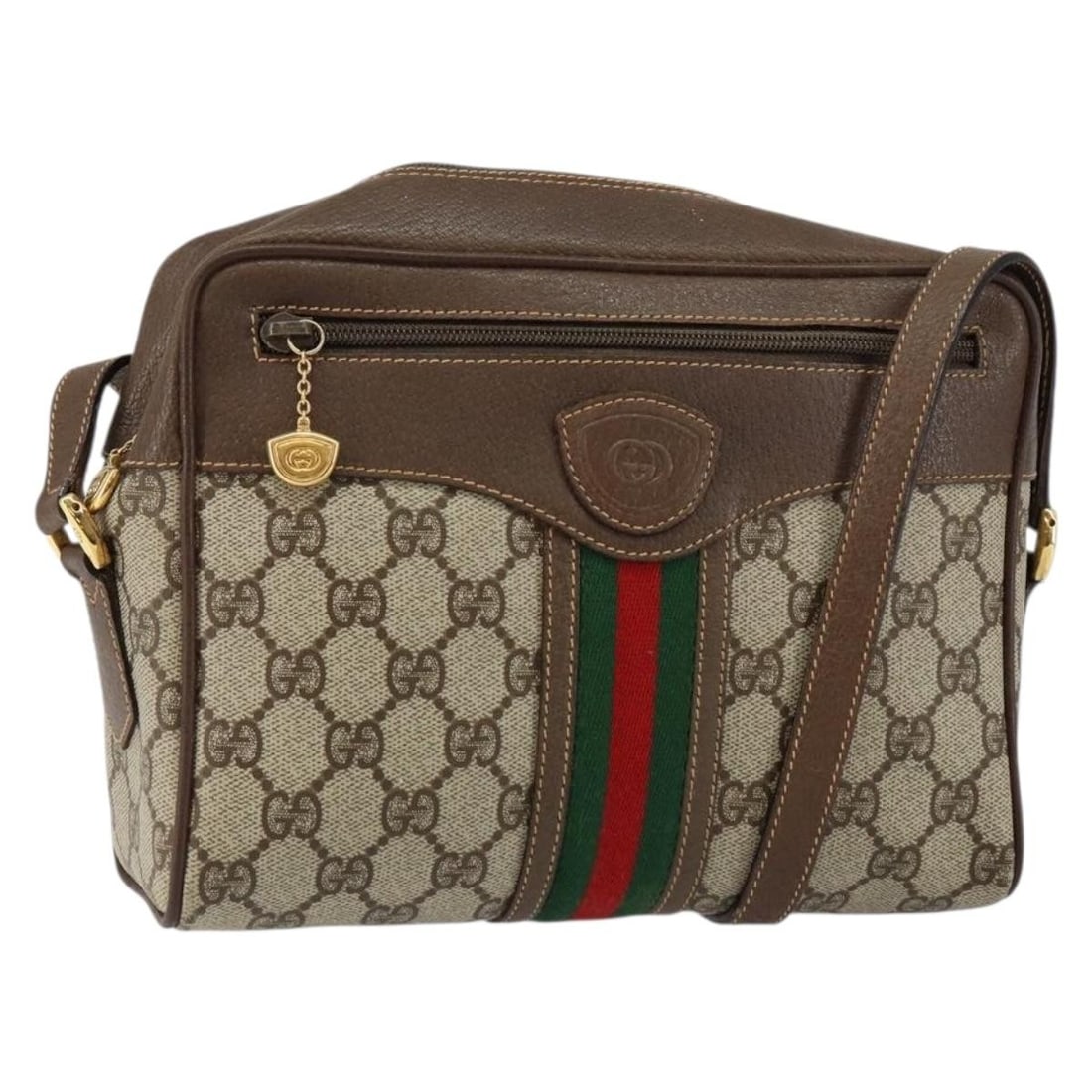 GUCCI GG Supreme Sherry Line Beige Gold Shoulder Bag PVC 001 56 0852 Auth: GUCCI GG Supreme Sherry Line Beige Gold Shoulder Bag PVC 001 56 0852 Auth Introducing the GUCCI GG Supreme Web Sherry Line Bag, a stylish shoulder bag crafted from durable PVC leather in a sophisticat