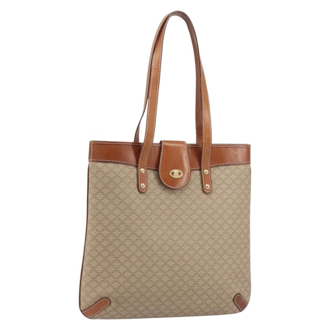 CELINE Macadam Beige Gold PVC Tote Bag Italy Auth 156447: CELINE Macadam Beige Gold PVC Tote Bag Italy Auth 156447 The CELINE Macadam Canvas Tote Bag is a stylish accessory crafted from durable PVC leather with a chic beige and gold color scheme. This elegan